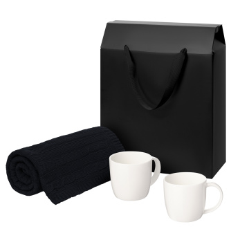 Portobello Подарочный набор Dafna, Fado, темно-сиий в черной коробке-пакете (две фарфоровых кружки, плед) с логотипом на заказ