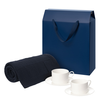 Portobello Подарочный набор Мокко (Mokko), Селла (Сella), синий в коробке-пакете (две чайных пары, плед) с логотипом на заказ