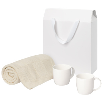Portobello Подарочный набор Дафна (Dafna), Селла (Cella), бежевый в коробке-пакете (две фарфоровых кружки, плед) с логотипом на заказ