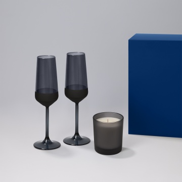 Portobello Подарочный набор свеча Enigma + 2 бокала для шампанского Black Edition в синей коробке с логотипом на заказ