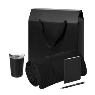 Portobello Подарочный набор Велком Пак Спарк мини (Welcome Pack Spark mini), черный (термокружка, блокнот, ручка, плед, коробка-пакет) с логотипом на заказ