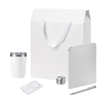 Portobello Подарочный набор Велком Пак Премиум (Welcome Pack Premium), серебряный (термокружка, колонка, ежедневник, ручка, ЗУ, коробка-пакет) с логотипом на заказ