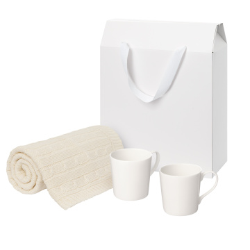 Portobello Подарочный набор Сиена (Siena), Фадо (Fado), бежевый в коробке-пакете (две фарфоровых кружки, плед) с логотипом на заказ